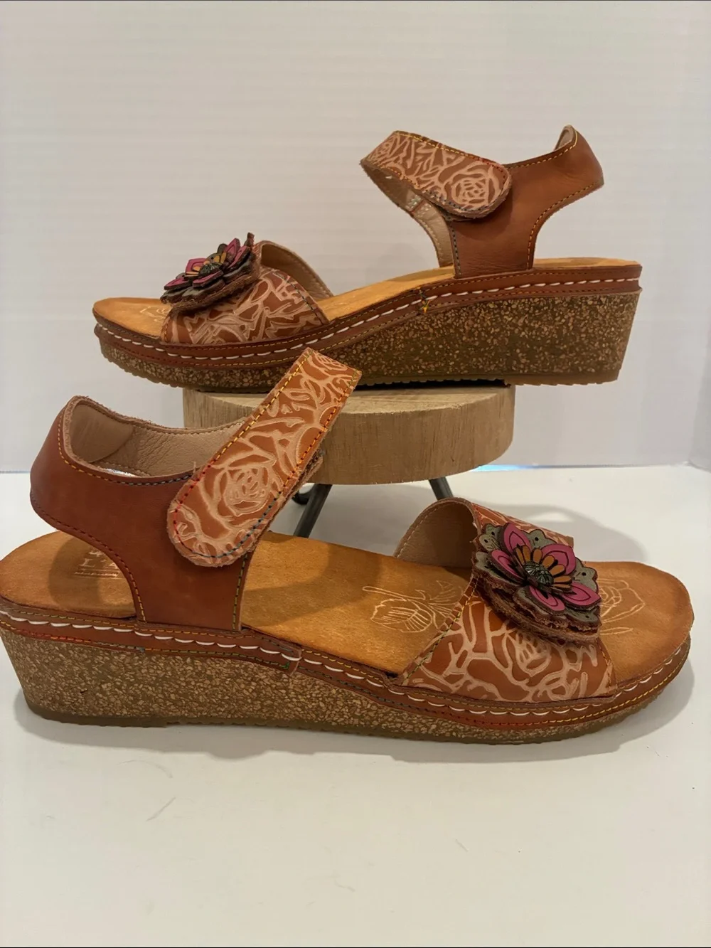 L'ATISTE by Spring Step Cuteness Leather Floral Wedge Sandals